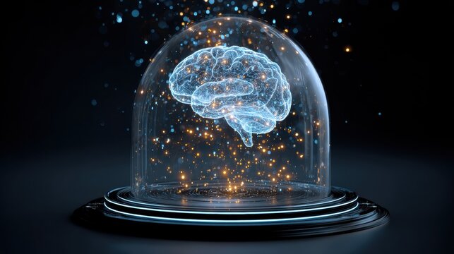 A stylized representation of a human brain encapsulated within a glass dome. The image is suggestive of protecting intellect and innovation