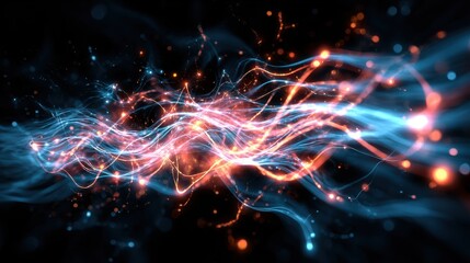 Obraz premium An abstract rendering of flowing blue and orange energy streams against a dark backdrop, filled with glowing particles