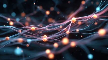Abstract interconnected network with glowing particles. The design features flowing lines and bright, colorful orbs against a dark backdrop