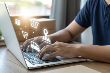 Logistic and transport concept, Businessman using laptop with supply chain technology for logistic management, organizing and controlling resources to meet the needs of customers.