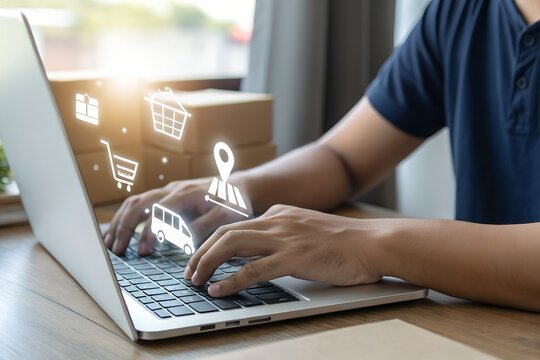 Logistic and transport concept, Businessman using laptop with supply chain technology for logistic management, organizing and controlling resources to meet the needs of customers.