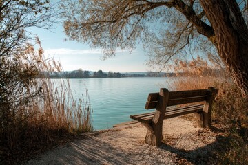 Obraz premium A wooden bench faces a still lake framed by reeds and a large tree on a gravel path