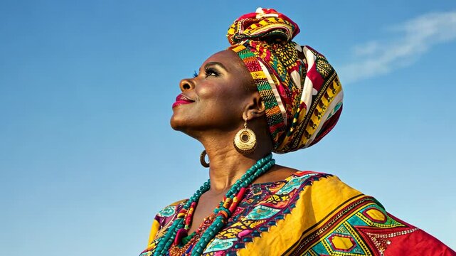Woman in colorful African attire and headwrap, gazing upwards.