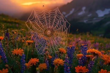 Dew-covered spiderweb glistens in a wildflower meadow at sunrise, with a spider silhouette against the golden sky.
