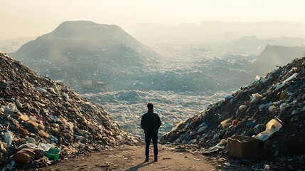 One person faces the overwhelming sight of a vast landfill, surrounded by towering heaps of garbage with distant mountains fading in the background.