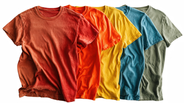 Five colorful tshirts in various shades are displayed isolated on transparent background