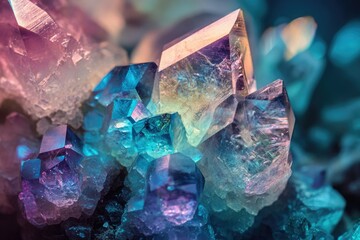 An abstract close-up of a vibrant cluster of crystals, glowing with shades of blue, purple, and gold.