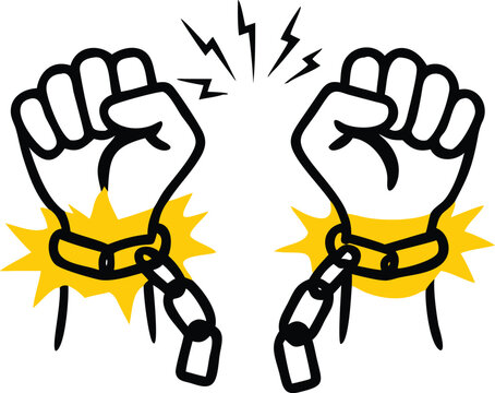 Freedom concept with hands breaking chains. Vector illustration of raised fists and broken shackles for human rights and liberation.

