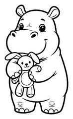 Fototapeta premium Cute Cartoon Hippo Hugging a Plush Bunny, Black and White Outline