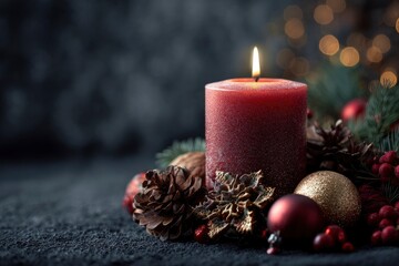 Lit maroon candle surrounded by pinecones ornaments berries and evergreen boughs Soft bokeh lights glow in the background