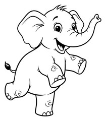 Obraz premium Cheerful Cartoon Elephant Balancing on One Leg, Black and White Line Art