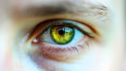 Fototapeta premium Close up of a captivating human eye with a striking golden iris and long eyelashes