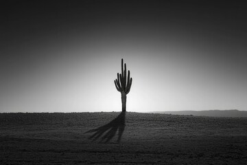 Monochromatic desert landscape featuring a solitary cactus silhouetted against a bright sky, casting a long shadow.