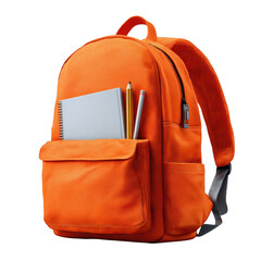 A bright orange backpack holds notebooks and pencils isolated on transparent background
