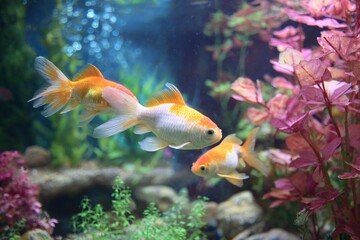 Obraz premium Three goldfish swim in an aquarium with plants and rocks