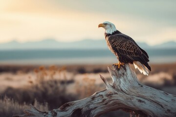 Fototapeta premium A majestic bald eagle perched atop a weathered log, surveying the tranquil landscape at dawn.