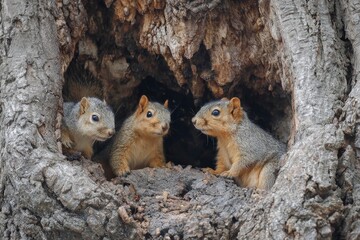 Three squirrels peer out from a hole in a tree trunk their curious eyes catching the light