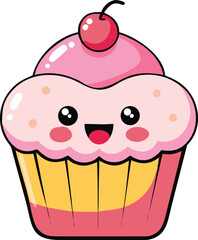 Cute kawaii cupcake with pink frosting and cherry on top. Happy cartoon dessert character vector illustration.
