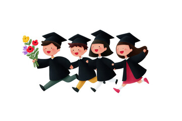 Four cheerful kids in graduation gowns celebrate isolated on transparent background