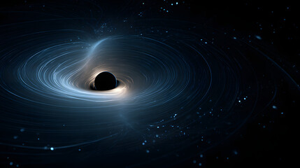 Artistic representation of a black hole with a swirling accretion disk and surrounding stars in deep space.