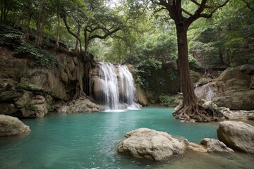 Naklejka premium Waterfall plunges into a turquoise pool surrounded by lush trees and large rocks