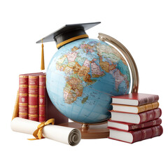 A graduation cap sits atop a globe, near books and a diploma isolated on transparent background