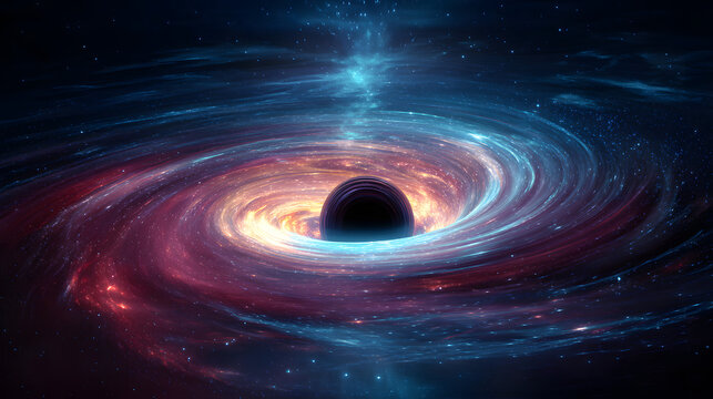 A mesmerizing black hole at the heart of a vibrant, swirling galaxy, surrounded by colorful cosmic dust and a powerful light beam.