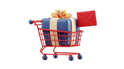 A red shopping cart carries a blue gift with a red envelope isolated on transparent background