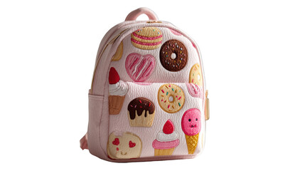A pink backpack with embroidered sweet treats isolated on transparent background