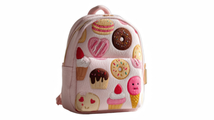 A pink backpack with embroidered sweet treats isolated on transparent background