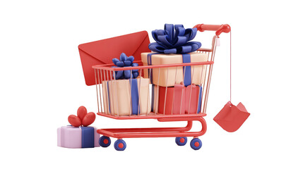 A red shopping cart with multiple gifts and an envelope isolated on transparent background