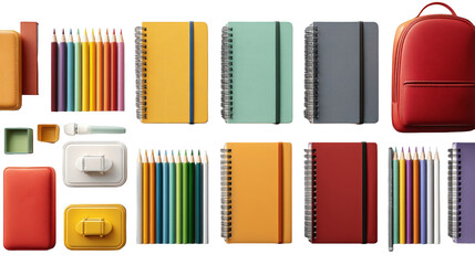 Colorful school supplies and a red backpack isolated on transparent background