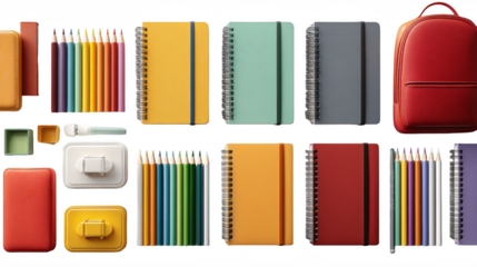 Colorful school supplies and a red backpack isolated on transparent background