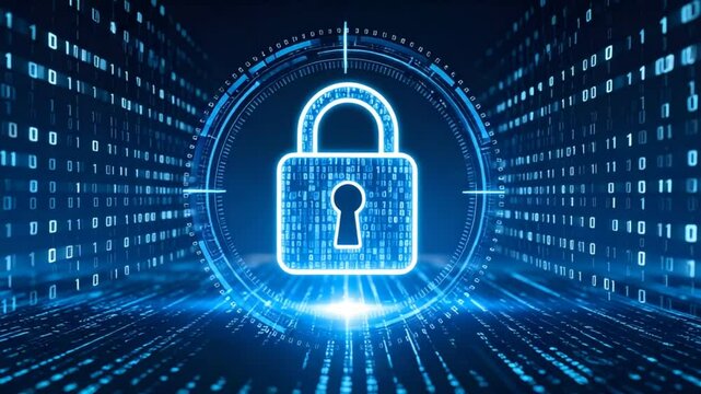 Digital padlock on binary code background
