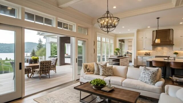 Luxury lake house interior design open concept living room and kitchen with outdoor patio furniture