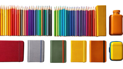 Neatly arranged colored pencils and notebooks isolated on transparent background