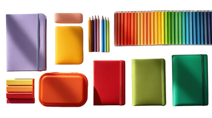 A colorful arrangement of stationery items isolated on transparent background