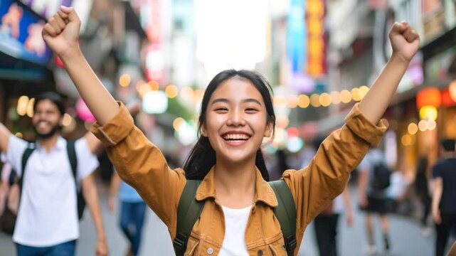 Happy woman celebrating in city