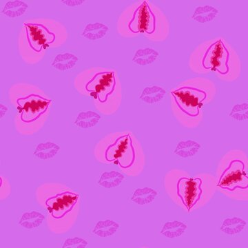 Seamless vector pattern featuring stylized pink vulvas in the shape of hearts, combined with kiss mark motifs on a purple background. Feminist pop art style, perfect for modern textile design, wallpap