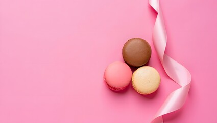 Macarons dessert pink background ribbon sweet food bakery confectionery colorful treat