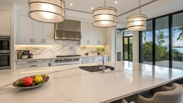 Modern kitchen design ideas: luxury marble countertops, island seating, and outdoor dining area view