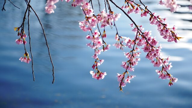 Beautiful cherry blossoms in full bloom over water, pink flowers against blue sky view - Powered by Adobe