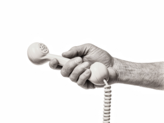 A seniors hand holds a vintage white telephone receiver isolated on transparent background