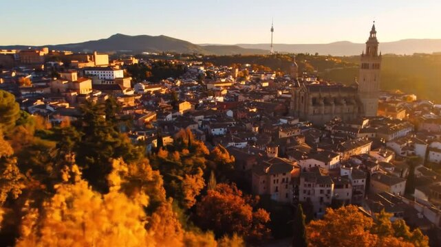 Golden Light on Ja?n: Captivating Aerial View of Spanish City at Sunset or Sunrise