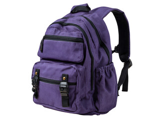 A vibrant purple backpack with multiple pockets isolated on transparent background