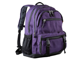 A purple backpack stands on a transparent background