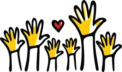 Raised hands with a heart. Community, volunteer, and charity concept. Vector doodle illustration.

