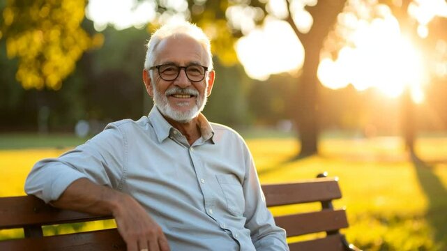 Smiling senior man park bench