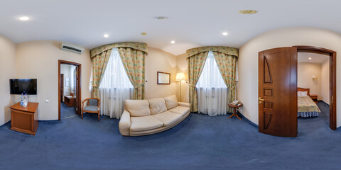 full seamless hdri 360 panorama in interior of guest living room hall in studio apartment with...