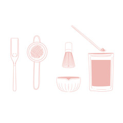 Matcha tea illustration set. Original hand-drawn green tea illustrations featuring matcha brewing utensils, a bamboo whisk, and a Japanese matcha tea brush—perfect for posters, cards, and cafes.